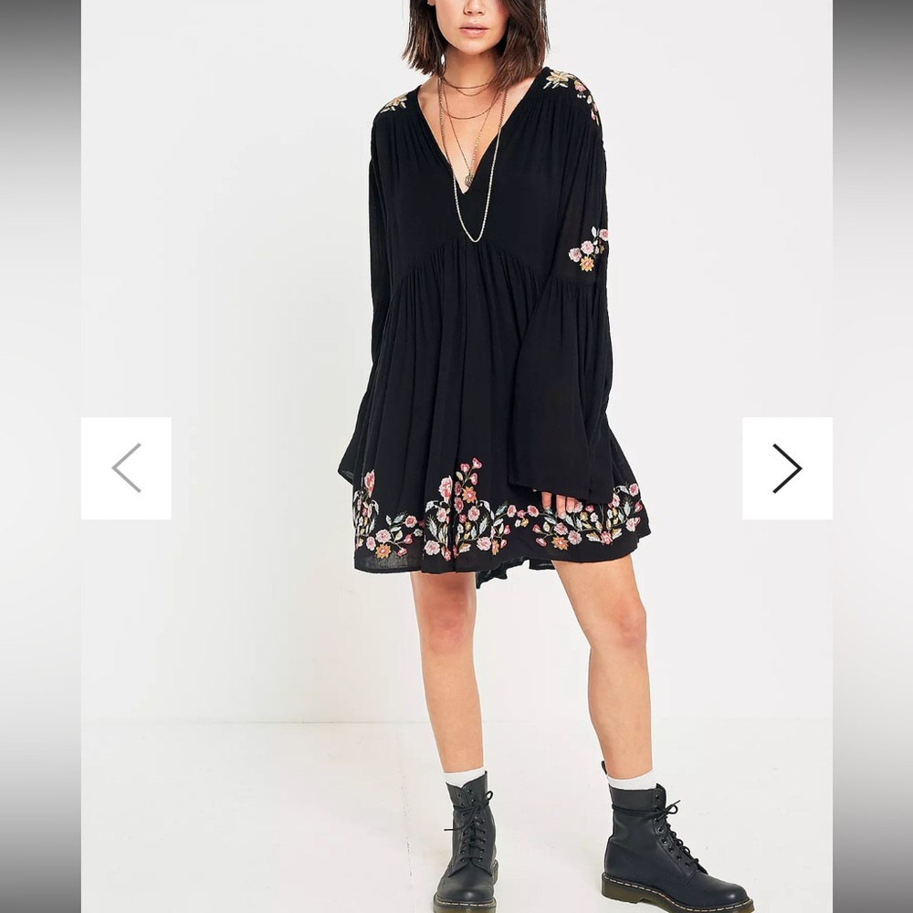 Free People Te Amo black floral embroidered babydoll mini dress Spanish bell